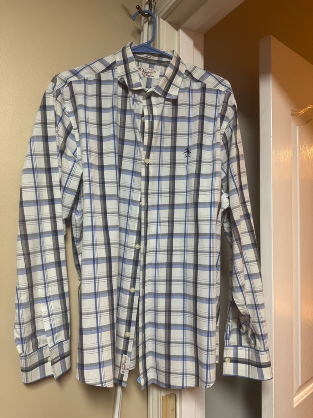 Original Penguin White Plaid Button-Down Shirt with Blue and Gray Stripes
